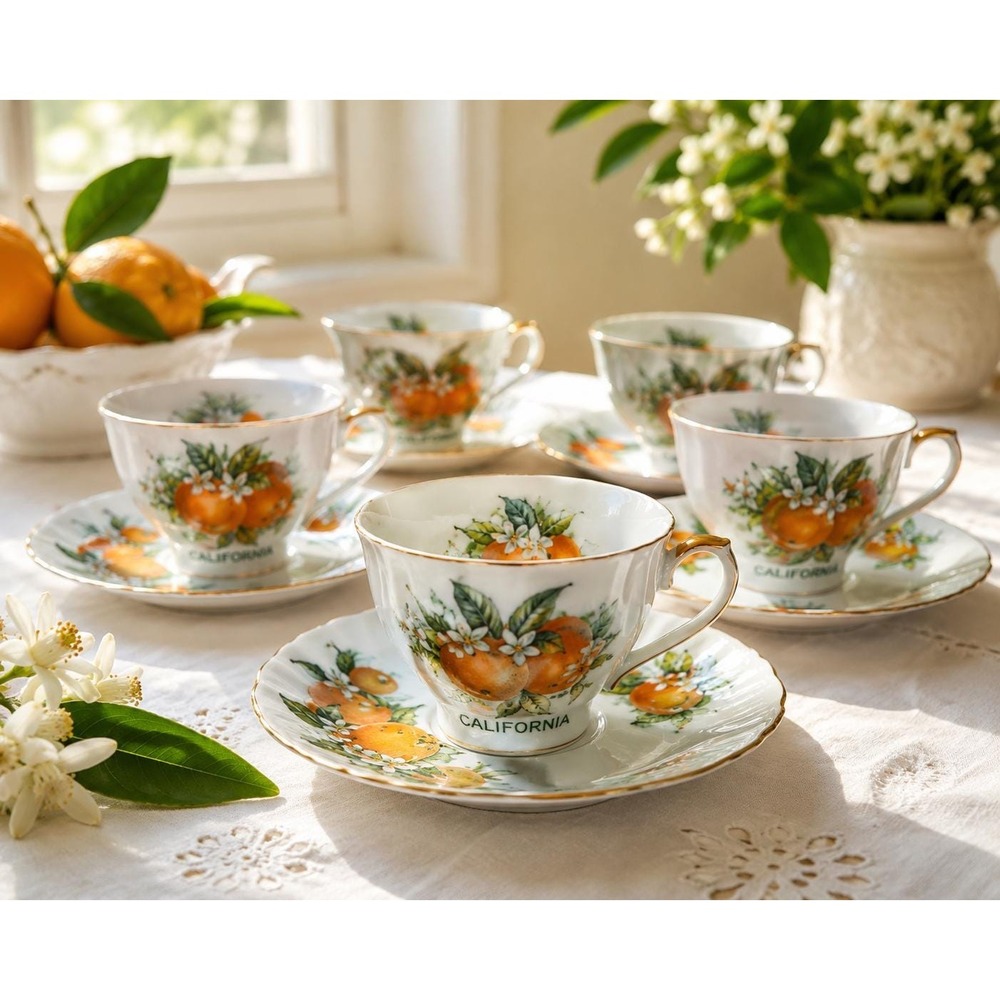 VTG California Orange Tea Cups & Saucers Set of 5 E.W. Princess Hand Painted